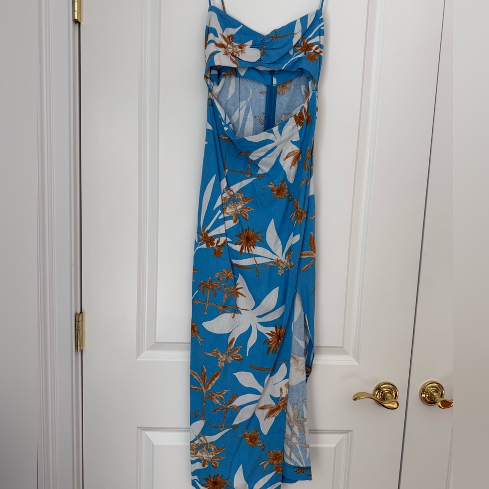 Zara Teal Blue Floral Midi Dress with White & Brown Accents